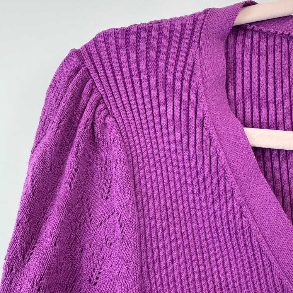 Sundance Purple Ribbed Henley Top Organic Cotton Pointelle Puff Sleeve Large New - Picture 7 of 13